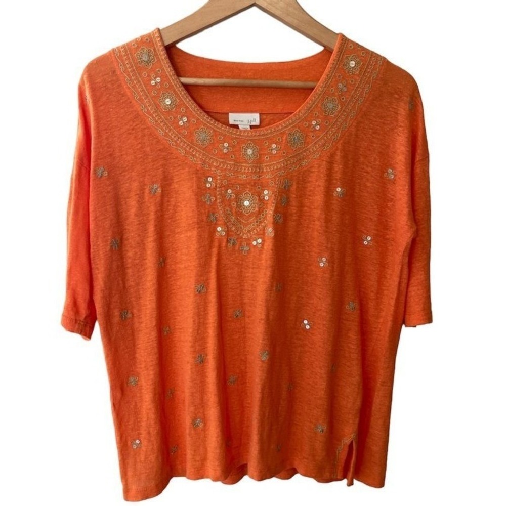 J. Jill Love Linen Top Womens XS Orange Embroidered Sequin Elbow Sleeve Boxy EUC